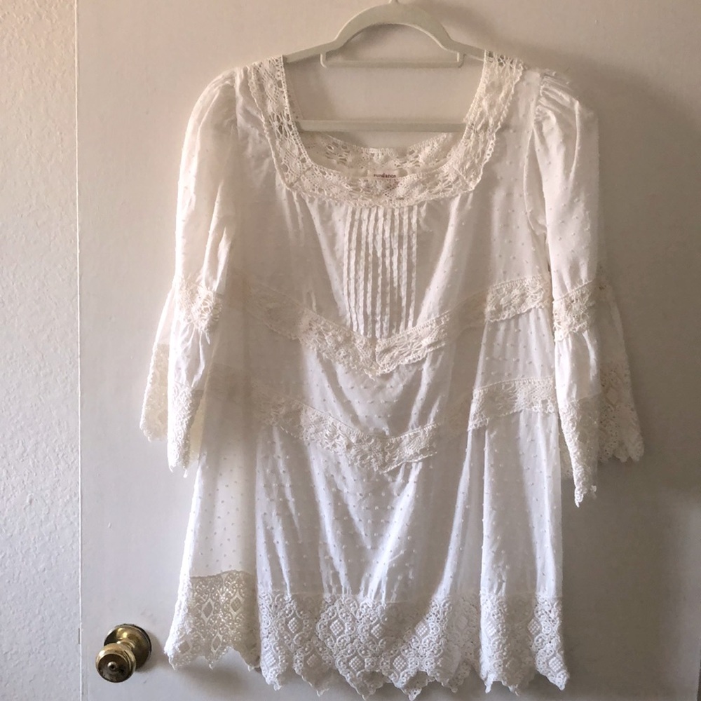 Sundance Cream Lace Crochet Boho Cottagecore Prairie Peasant Cotton Top Small